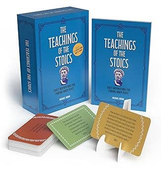 Card set titled 'The Teachings of the Stoics' with blue packaging and cards on a white background