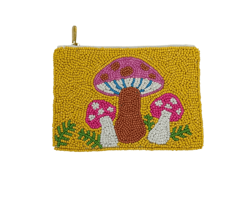 Triple Mushroom Beaded Coin Purse. Beaded Change Purse, Zipper Pouch