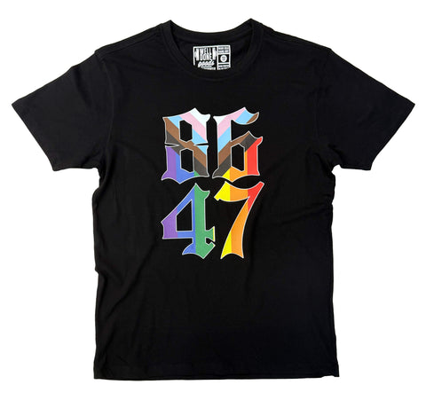 8647 T-Shirt. Old English Rainbow Pride Numerals, black shirt