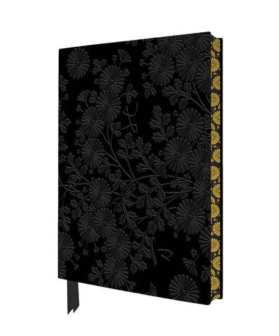Black notebook with floral embossing and gold accents on a white background