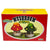 Box of ceramic mushroom salt and pepper shakers with a red and yellow design.
