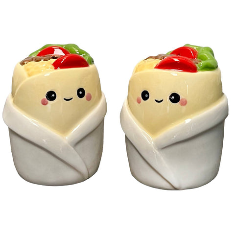Two cute, cartoon-style burrito-shaped salt and pepper shakers on a white background.