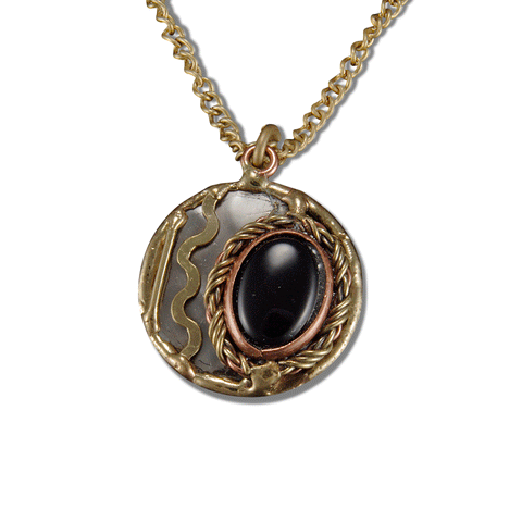 Black Onyx Mixed Metal Circle Pendant, by Anju. Fair Trade Polished Crystal Pendant Necklace
