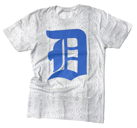 A short-sleeve crewneck t-shirt featuring a large blue letter 'D' graphic on the front, set against a white background with a subtle textured pattern.
