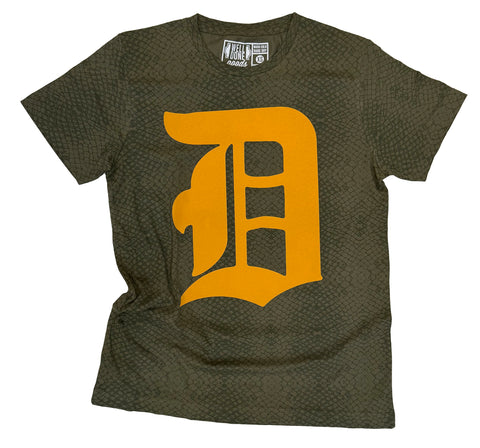 An olive green short-sleeve t-shirt with a textured pattern, featuring a large yellow-orange Detroit Tigers 'D' logo on the front.