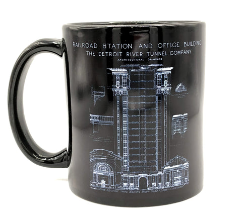 MCS Train Station Mug, Detroit Blueprint Black Coffee Cup