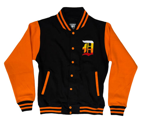 Black and orange varsity jacket with D logo on a white background