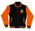 Black and orange varsity jacket with D logo on a white background