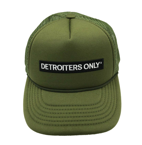 Detroiters Only Patch Trucker Hat, Olive Green. 80s Logo Parody