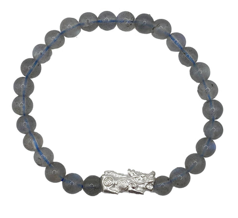 Extra Quality Labradorite Mala Bracelet with Sterling Silver Dragon Charm