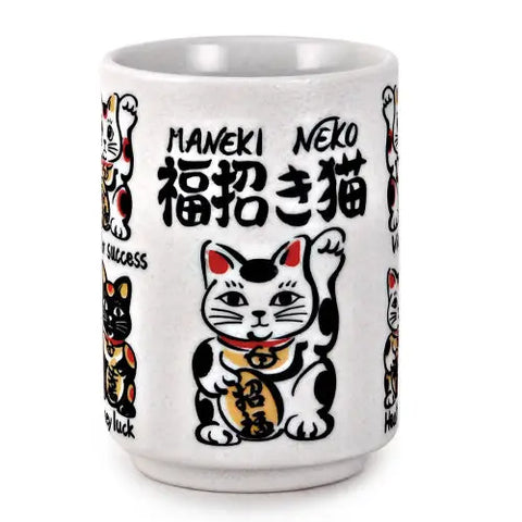 Japanese Cat Cup, Handmade Porcelain Lucky Cat Yunomi Tea Cup
