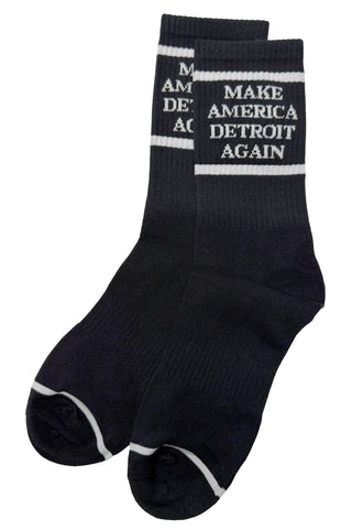 Make America Detroit Again Socks. MADA Crew Cut Black Gym Socks, by Well Done Goods