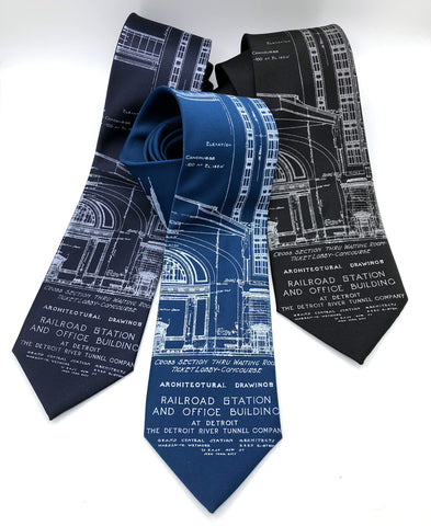 Detroit Blueprint Necktie, Historic Michigan Central Train Station Architectural Print Tie