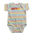 rhythm rainbow striped oneise, rainbow striped baby short sleeve one-piece that says "detroit" on a white background