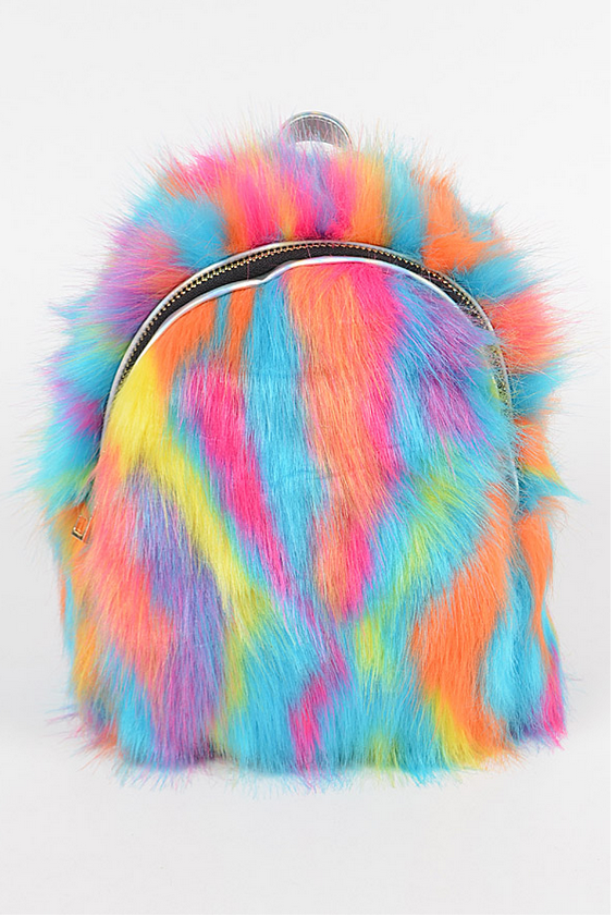 Bright Rainbow Mini Backpack Fuzzy Faux Fur Bag Well Done Goods