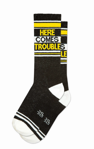 Here Comes Trouble Gym Socks, by Gumball Poodle. Made in USA!