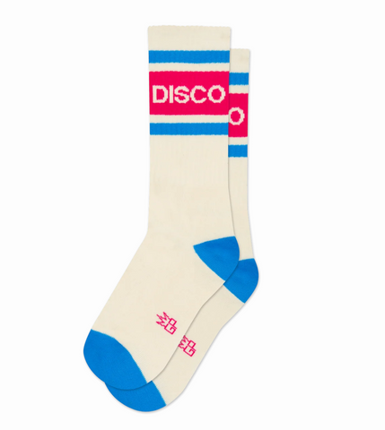A pair of cream-colored crew socks with blue and pink stripes, featuring the word 'DISCO' in white on the pink band and blue heels and toes.