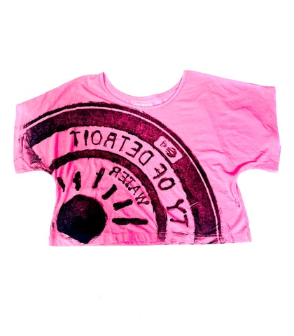 Manhole Cover Women's Crop Top. Spirirt Of Detroit Tire Print, Pink