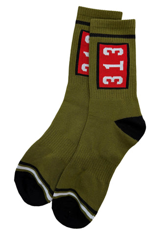 Troop 313 Socks. Army Green Detroit Scout Crew Cut Gym Socks, by Well Done Goods