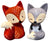 Two fox-shaped salt and pepper shakers, one red and one gray, on a white background.