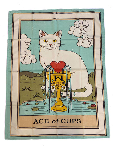 Cat Tarot Tapestry, Ace of Cups. 39"x27" White Cat Fabric Wall Hanging