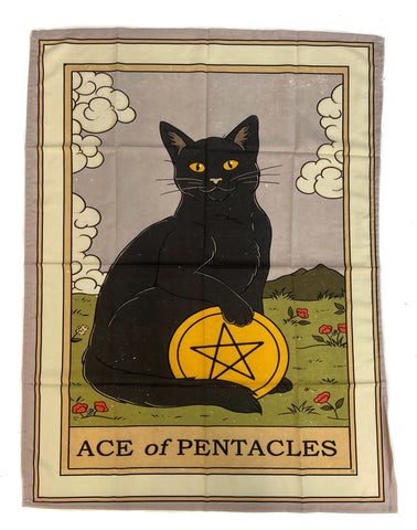 Cat Tarot Tapestry, Ace of Pentacles. 39"x27" Black Cat Fabric Wall Hanging
