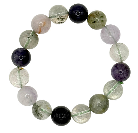 Amethyst, Clear Quartz and Garden Quartz - Large Stone Bead Mala Stretch Bracelet