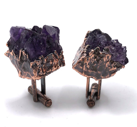 Amethyst Crystal Cluster Cufflinks, Electroformed Copper