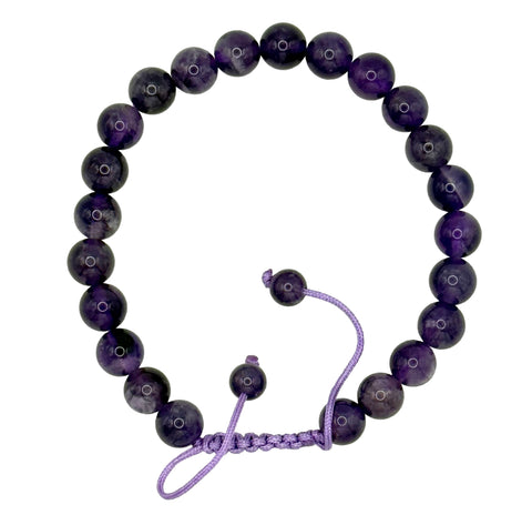 A beaded bracelet made of polished dark purple amethyst gemstone beads, featuring an adjustable purple cord slider closure with a small bead accent, shown on a plain white background.