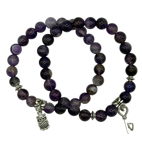 Dark Uruguay Amethyst Stone Bead Mala Stretch Bracelet w/ Charm, 8mm Beads