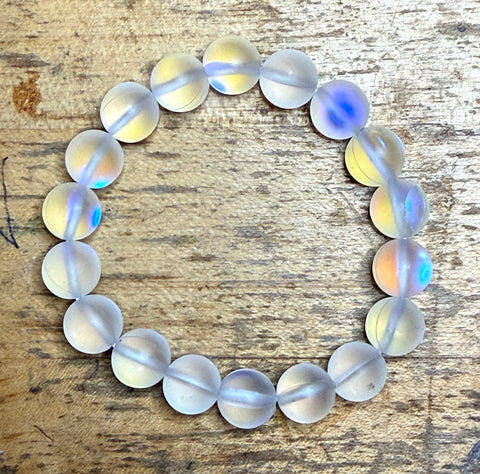 Angel Aura White Opalite Round Bead Bracelet, Matte Finish Mala Stretch Bracelet