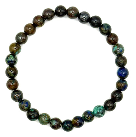 Azurite Malachite Mala Bracelet, Round Stone Bead Stretch Bracelet