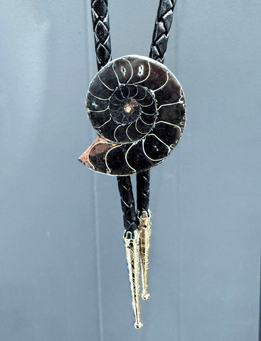 Black Ammonite Bolo Tie. Fossil Stone Bola Leather Lariat Necklace
