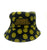 black bucket hat with yellow smiley face pattern and acid house patch