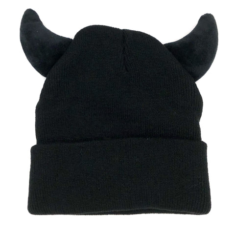 Devil Horn Beanie. Black Knit Hat w/ Black Stuffed 3D Horns