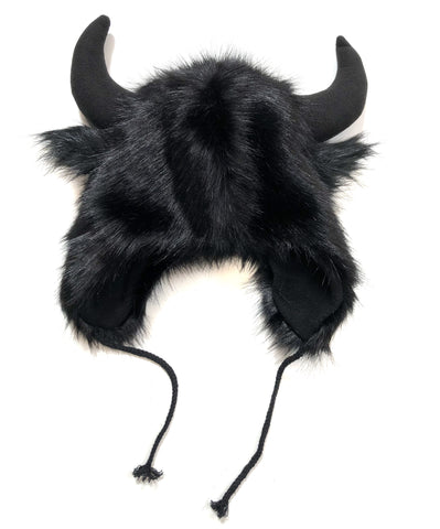 Black Faux Fur Hat. Horned Ear-Flap Hat, Stuffed 3D Horns. Goat / Ox / Steer