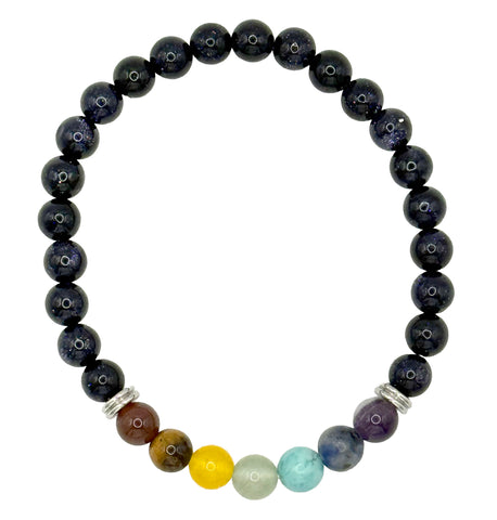 Blue Goldstone Chakra Bead Stretch Bracelet. 7 Chakra Stones & Stainless Spacer Beads