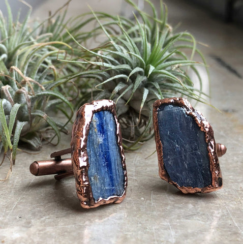 Blue Kyanite Stone Cufflinks, Electroformed Copper