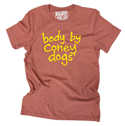 Brown t-shirt with yellow text 'body by Coney dogs' on a white background