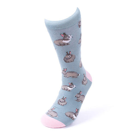 grey dress socks with pink toe and all over bunny rabbit print by parquet