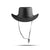 A black leather cowboy hat with a matching chin strap, shown against a plain white background with a soft shadow underneath.