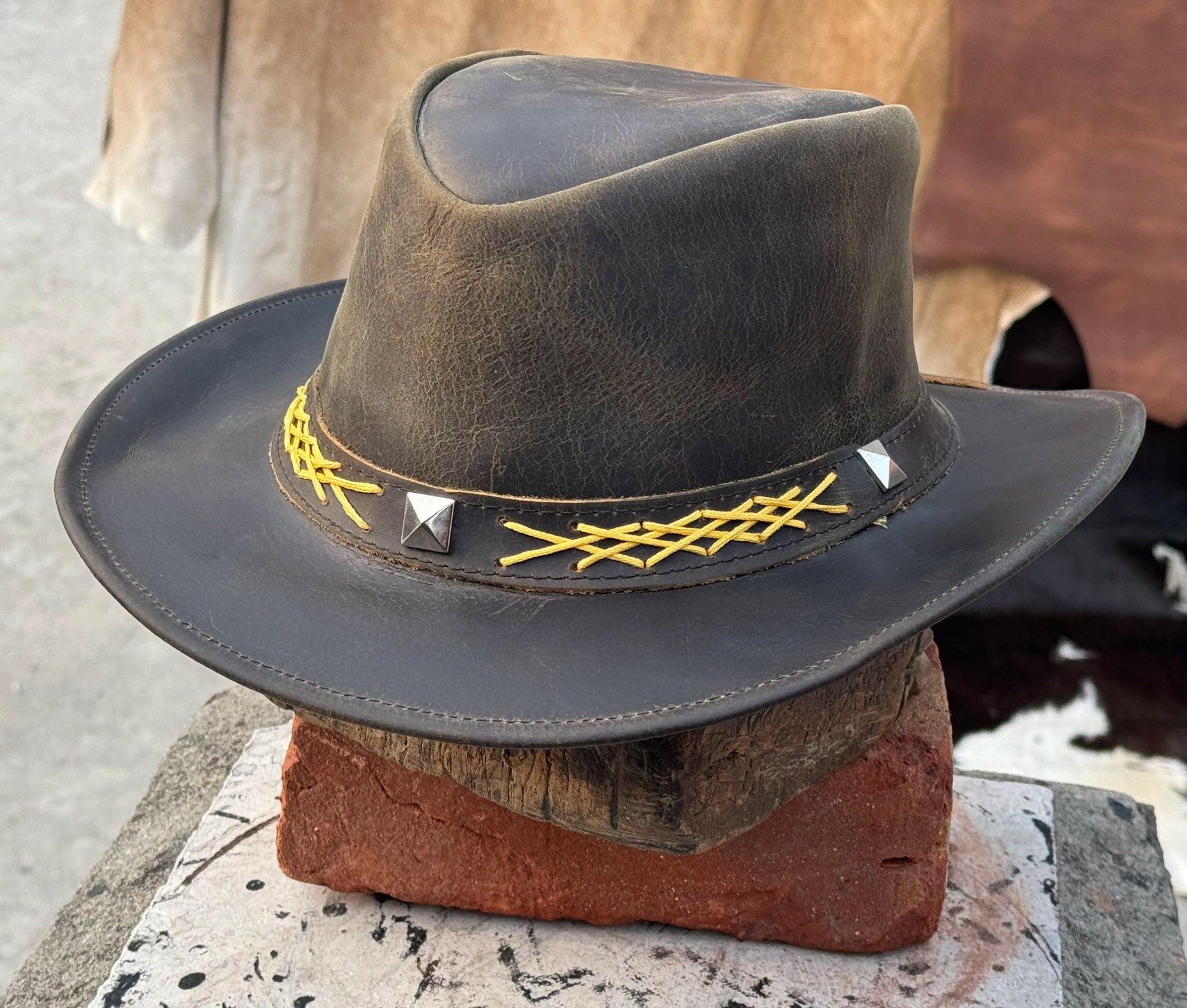 thumbnail image 2 of Genuine Leather Cowboy Western Hat – Unisex Handmade – Black & Brown – Ajar Impex 2 of 3
