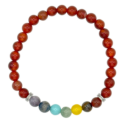 A beaded stretch bracelet made of round reddish-brown stone beads, with a section of seven colorful accent beads in gray, blue, green, yellow, brown, and white, finished with two silver spacer beads, shown on a plain white background.