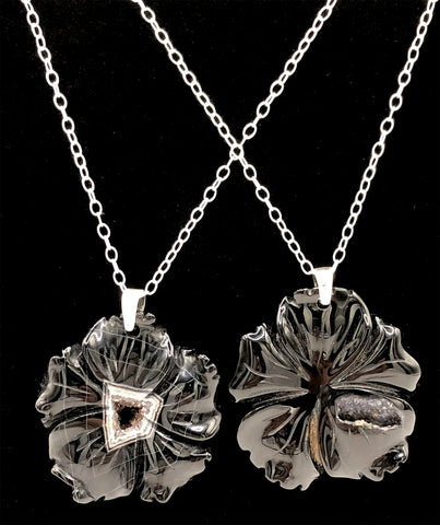 Carved Black Agate Flower Pendant, Sterling Silver Necklace - 18" chain