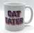 Cat Eater Ceramic Coffee Mug, red, white and blue on white.