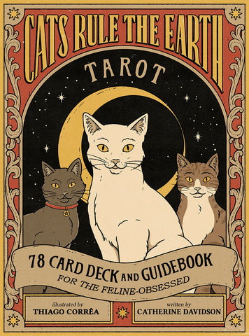 Cover of 'Cats Rule the Earth Tarot' with three cats and decorative border