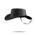 A black leather cowboy hat with a matching chin strap, shown from a side profile against a plain white background.