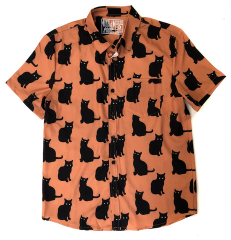 Black Cat Print Short Sleeve Button-up Shirt. Choose Cream, Pink