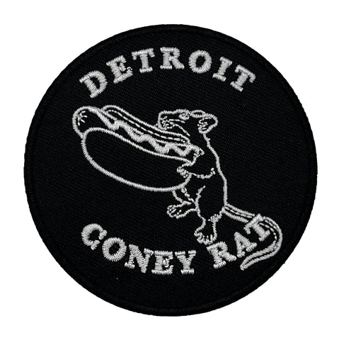 Detroit Coney Rat Iron-on Embroidered Patch, 3" Round Patch. White stitching on black cotton twill