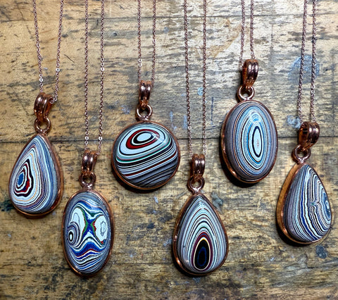 Mixed Metal Fordite Pendants: Copper Bezel & Rose Gold Chain. Detroit Agate Necklace
